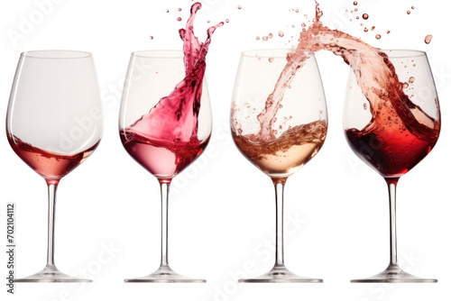Angled glasses of red, white and rose wine splashed.isolated on transparent background,png file