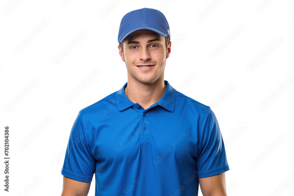 Professional courier in blue t-shirt and hat talking on phone or iPad with customer isolated on transparent background,png file