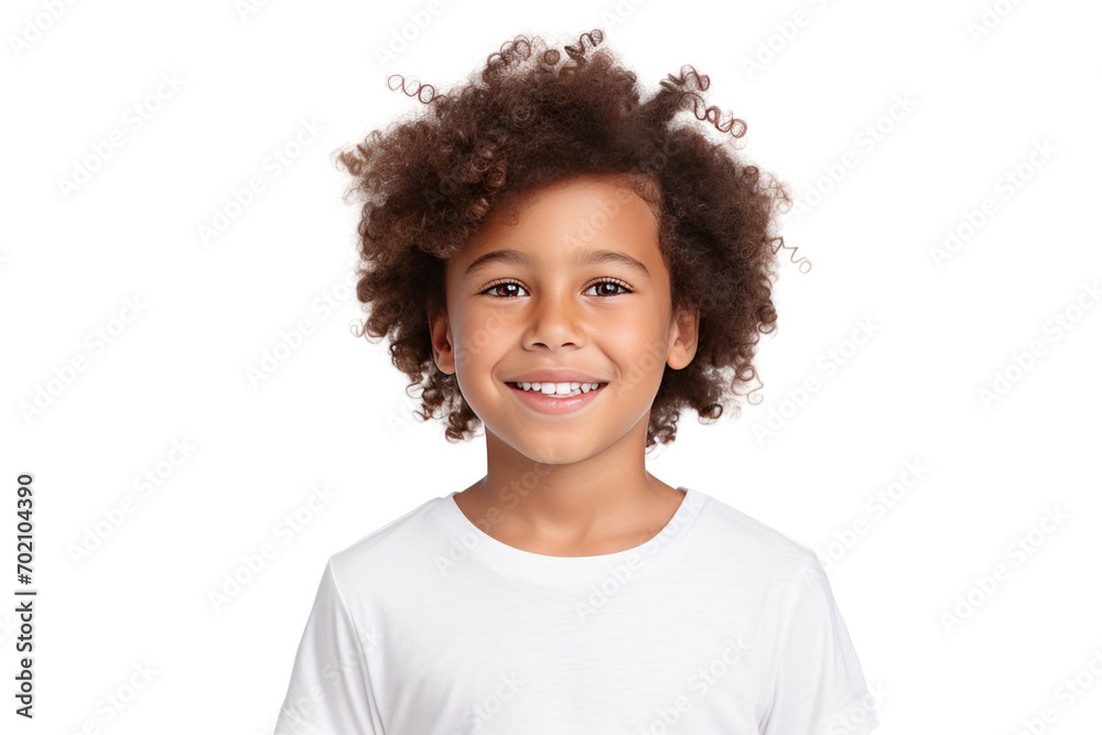 Portrait of happy African American boy looking at camera and smiling isolated on transparent background,png file