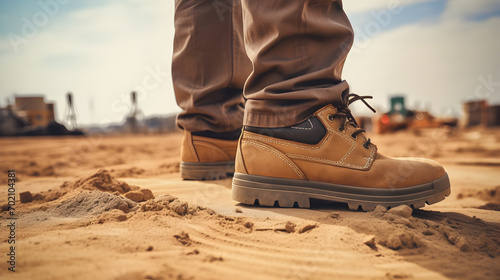 A constuction worker wearing leather safety shoe, stands on the sand ground at a construction working site photo