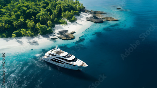 An aerial photo of a luxury yacht anchored near a tropical island, amidst the pristine waters and vibrant greenery