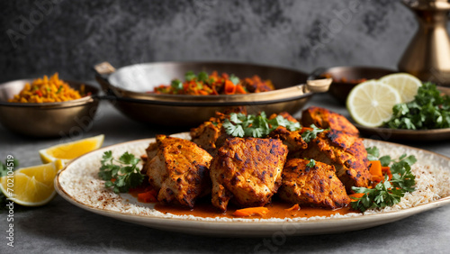 photo capturing the elegance of Indian cuisine Showcase the intricately spiced chicken tandoori on a stylish plate against a white backdrop