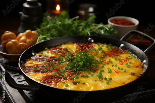 Cheese omelette with spring onion and chilli in pan on wooden table.