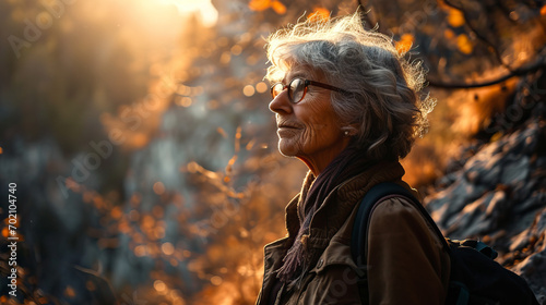 A senior mature woman standing on a rock cliff and looking back on things past.