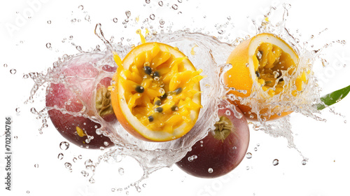 Fresh ripe passion fruit, whole and cut in half, isolated on transparent background,png file photo