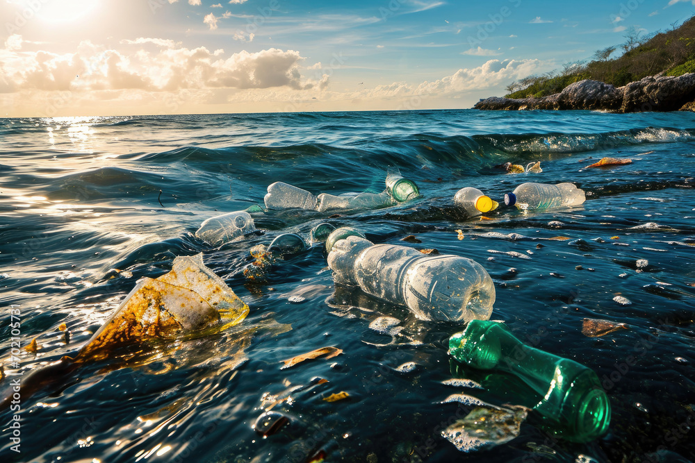Plastic water bottles and bags floating in ocean landscape, spilled