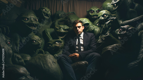 ranidaphobia: an in-depth, ultra-realistic depiction of the intense fear of frogs, capturing the anxiety, revulsion, and overwhelming distress caused by these amphibians - ai generated photo