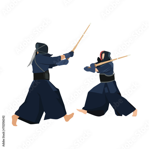 Two young energetic men exercise sparring fight kendo with wooden sword. Combative fight sport concept. Flat vector illustration isolated on white background