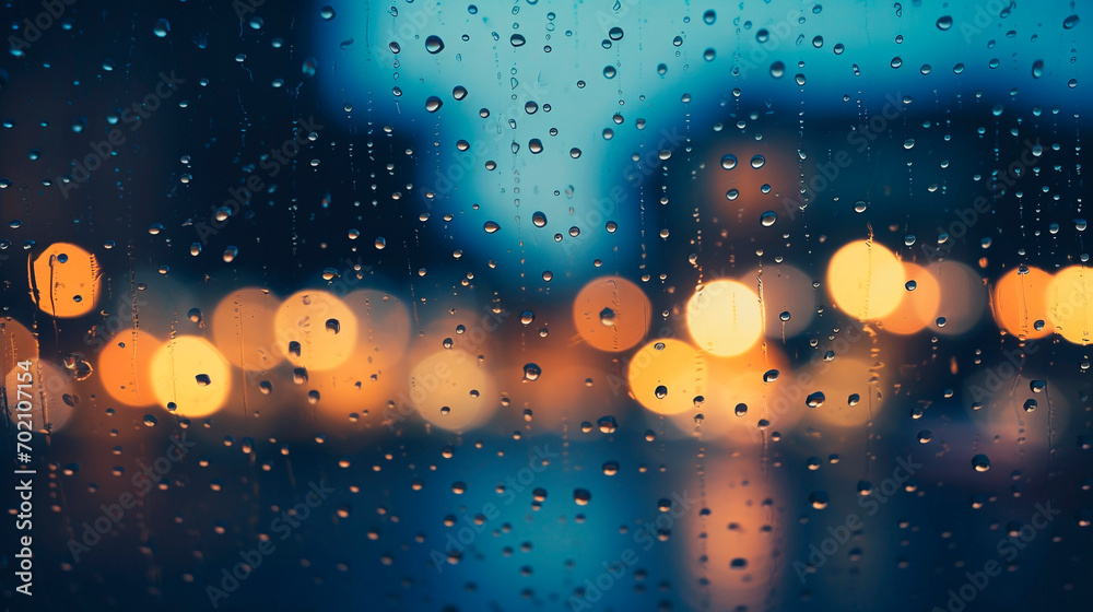 Rain drops on window with city lights bokeh, abstract background Rain drops on window with city lights bokeh, abstract background
