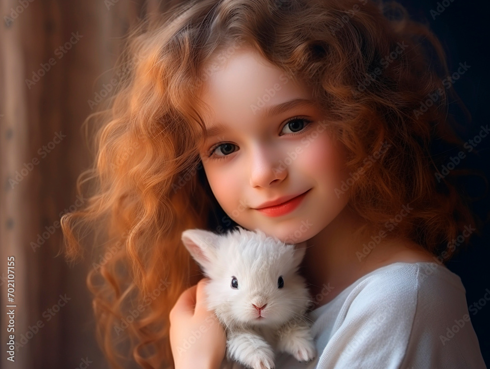 Beautiful little girl with white rabbit on a dark background. The concept of children's beauty and health. Beautiful little girl with white rabbit on a dark background. The concept of children's beauty and health.