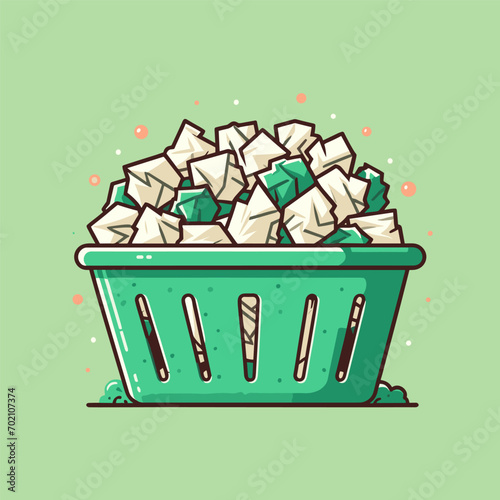 Flat illustration of green basket full of crumpled paper, on green background