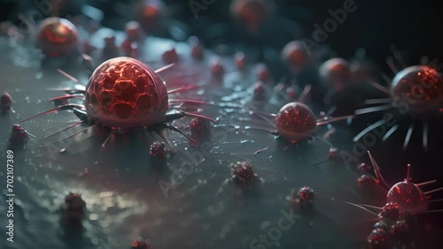 A detailed of a nanobot interacting with a virus, effectively inhibiting its ability to replicate and spread throughout the body. photo