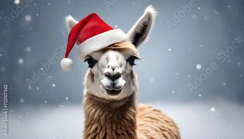 Festive Llama with Christmas Hat on Blue Background
