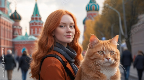 The girl with light Pinckney hair is walking around Moscow, on her neck sitting the ginger cat with a full frame Generated AI photo