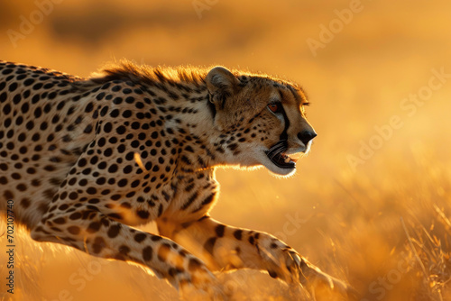 The sleek elegance of a cheetah in full sprint across the African savannah