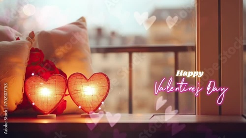 Happy Valentines Day Greetings with Pillow Heart and Lantern AI generated Video photo