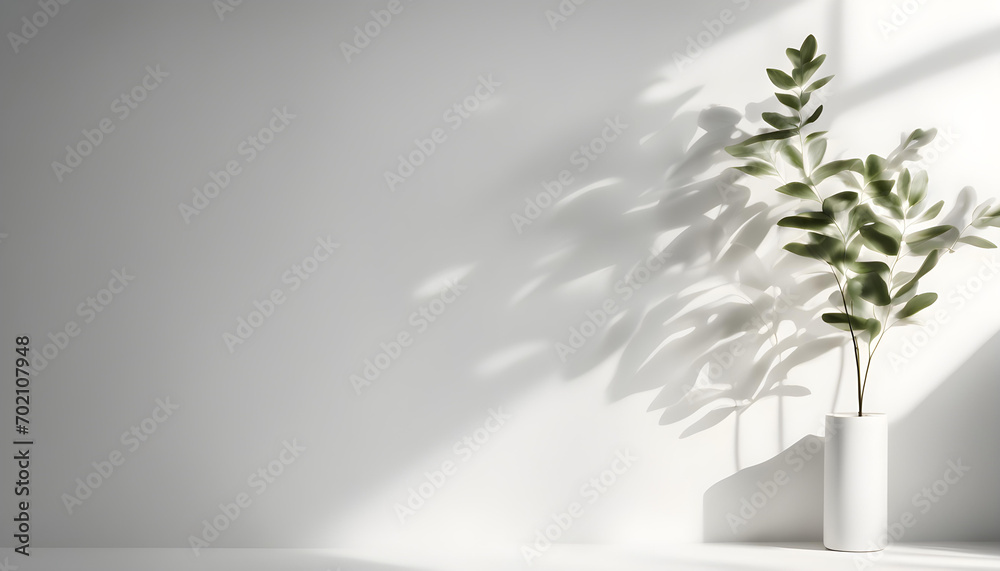 Obraz premium Blurred Shadow from Leaves Plants on White Wall - Minimal Abstract Background for Product Presentation