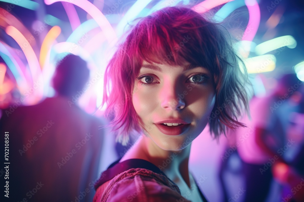 Portrait of a beautiful girl with short hair dancing in a nightclub Portrait of a beautiful girl with short hair dancing in a nightclub