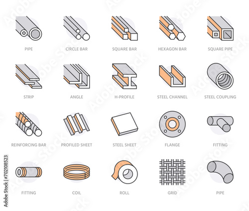 Stainless steel flat line icons set. Metal sheet, coil, strip, pipe, armature vector illustrations. Outline signs for metallurgy products, construction industry. Orange Color. Editable Strokes photo
