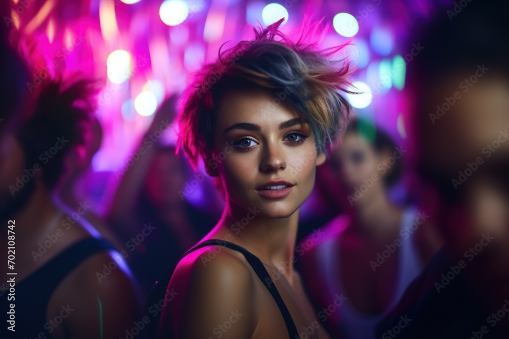 Portrait of a beautiful girl with short hair dancing in a nightclub Portrait of a beautiful girl with short hair dancing in a nightclub