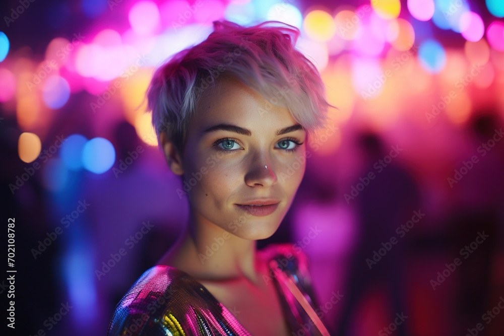 Portrait of a beautiful girl with short hair dancing in a nightclub Portrait of a beautiful girl with short hair dancing in a nightclub
