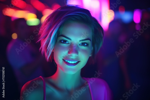 Portrait of a beautiful girl with short hair dancing in a nightclub 