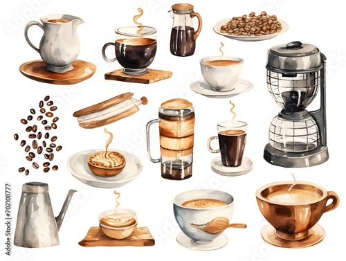 watercolor drawing item set of coffee shop cafe and bakery isolated on white background