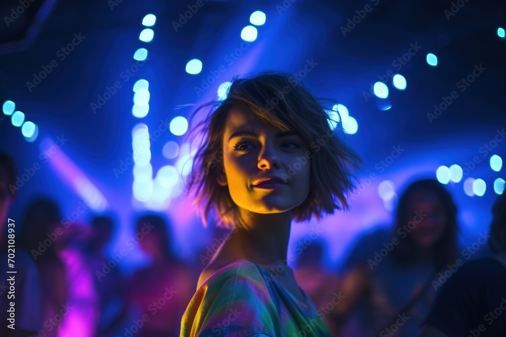 Portrait of a beautiful girl with short hair dancing in a nightclub Portrait of a beautiful girl with short hair dancing in a nightclub