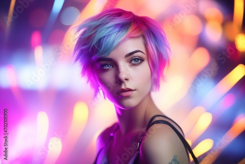 Portrait of a beautiful girl with short hair dancing in a nightclub 