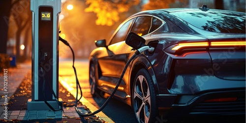 An electric car being charged at a charging station during twilight photo