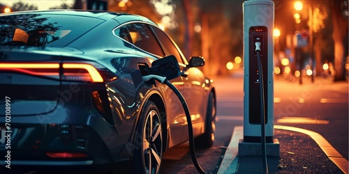 An electric car being charged at a charging station during twilight