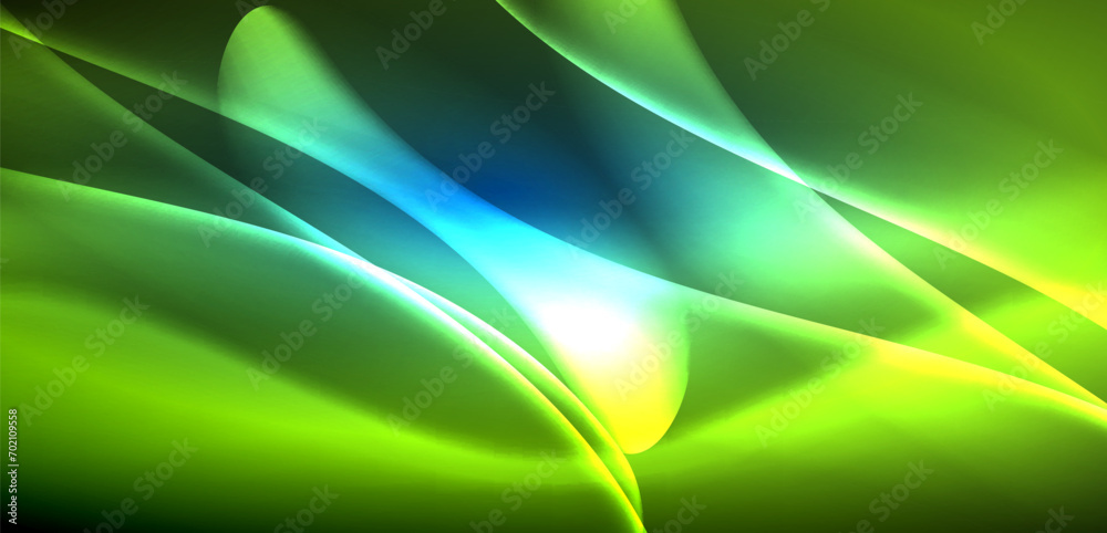 Dynamic waves in ethereal glow of neon lights. Concept merges fluidity of motion with vibrant allure of neon, crafting entrancing backdrop that embodies both vitality and futuristic sophistication