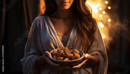 Muslim woman holding dates, ramadan concept