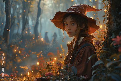 Enchanting Winter Forest: A Beautiful Witch Girl in the Glowing Lights of a February Evening
