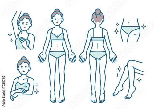 女性の全身脱毛イラストのセット