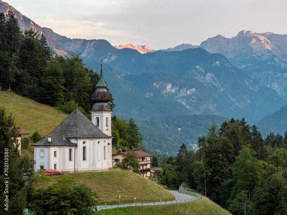 Berchtesgaden Maria Gern Church view with a curved road and an awesome mountain view