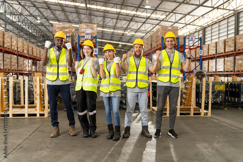 Professional warehouse worker team full skill quality for maintenance and training in industry factory workers, warehouse Workshop for factory operators, mechanical engineering team production.