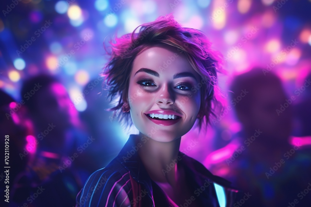 Portrait of a beautiful girl with short hair dancing in a nightclub Portrait of a beautiful girl with short hair dancing in a nightclub