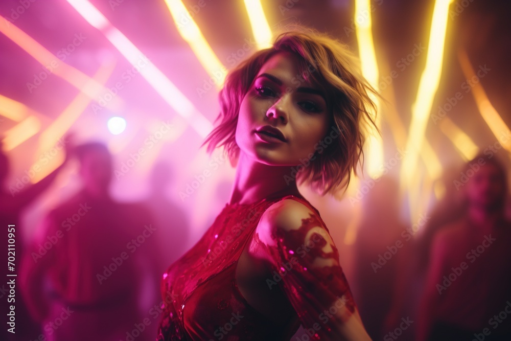 Portrait of a beautiful girl with short hair dancing in a nightclub Portrait of a beautiful girl with short hair dancing in a nightclub