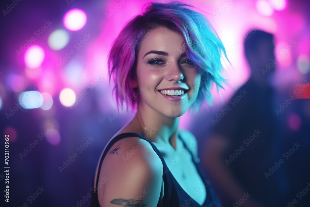 Naklejka premium Portrait of a beautiful girl with short hair dancing in a nightclub 