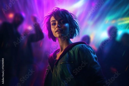 Portrait of a beautiful girl with short hair dancing in a nightclub 
