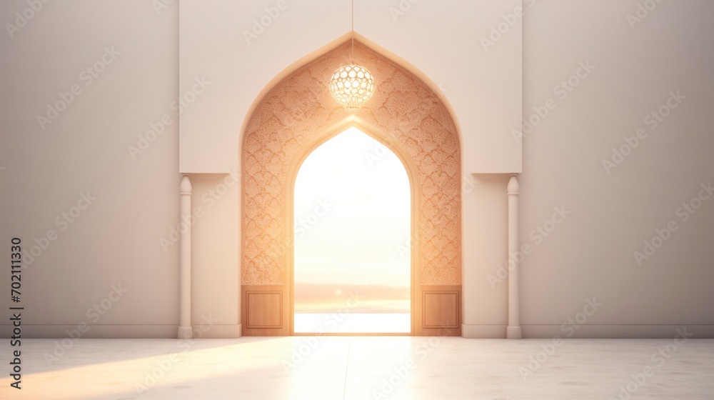 Mosque door with bright light background. copyspace - generative ai