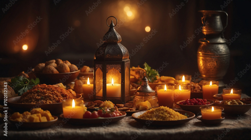 Still life with traditional iftar foods illuminated by candles and a lantern. Ramadan.