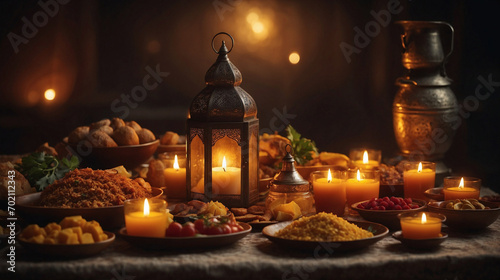 Still life with traditional iftar foods illuminated by candles and a lantern. Ramadan.