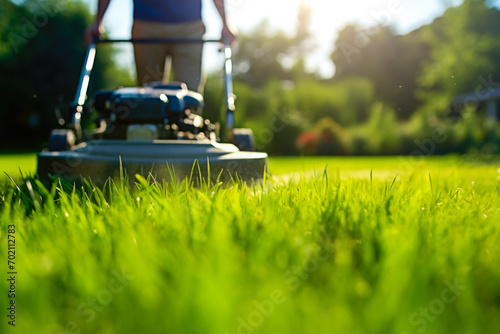 Lawn mower cutting vibrant green grass. Displays home lawn care concept. photo