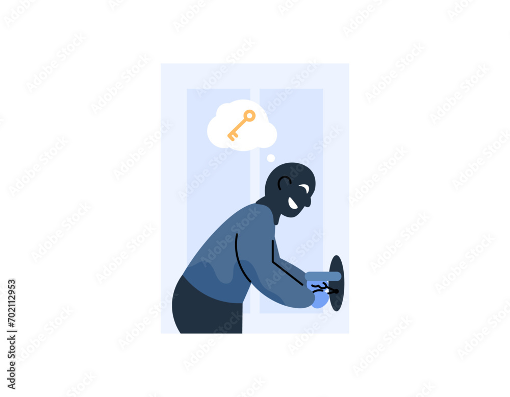 an illustration of a thief or robber trying to open a house door with a lockpick. try to open the locked door. Lockpicking. criminal activity or criminal acts. cartoon illustration design. graphic an illustration of a thief or robber trying to open a house door with a lockpick. try to open the locked door. Lockpicking. criminal activity or criminal acts. cartoon illustration design. graphic