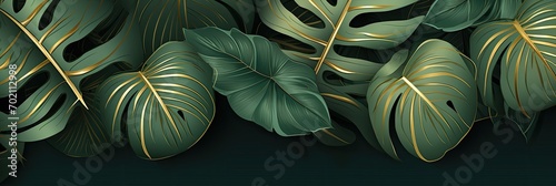 Luxury gold and nature green background vector. Floral pattern, Golden split-leaf Philodendron plant with monstera plant line arts, Vector illustration.