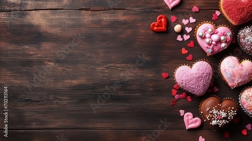 Valentine's Day card, sweets on a wooden table, hearts, copy space