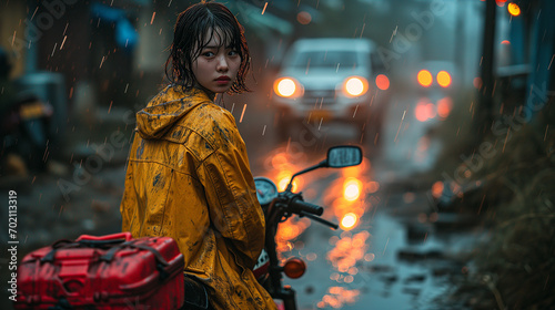 girl in a yellow raincoat riding