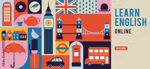 London, Uk, England geometrical banner design. Colorful modular illustration with London buildings, umbrella, red bus, cab, telephone and more. Vector elements,